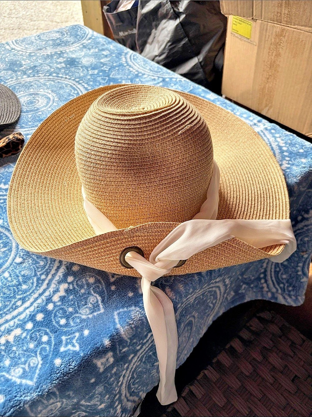 Nine West Wide Brim Straw Sun Hat with Scarf Accent Hat in Brown